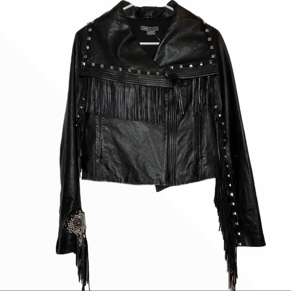 Vince 100% Leather Jacket Studded Oversized Fringe Collar Beaded Black XS